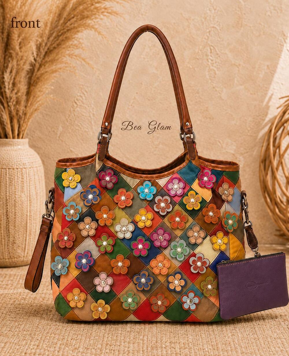 Multicolor Large Leather Tote Floral Rhinestone Patchwork Bag